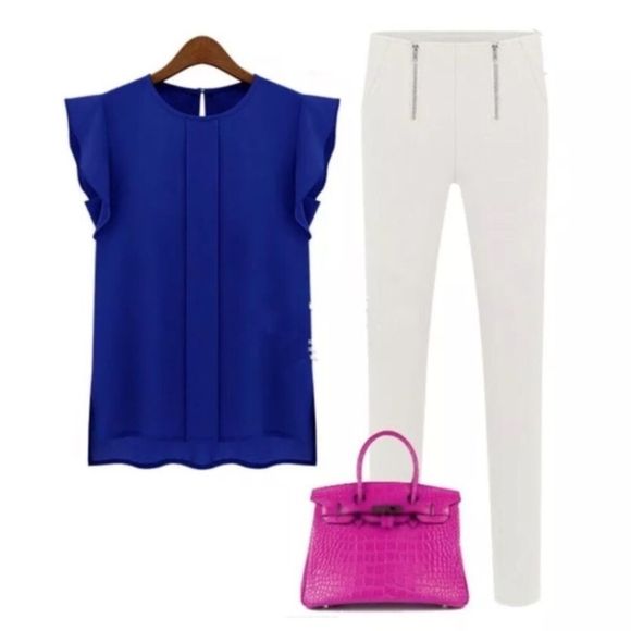 Blue Chiffon Flutter Sleeve Cap Sleeve Blouse L or XL - Picture 8 of 8